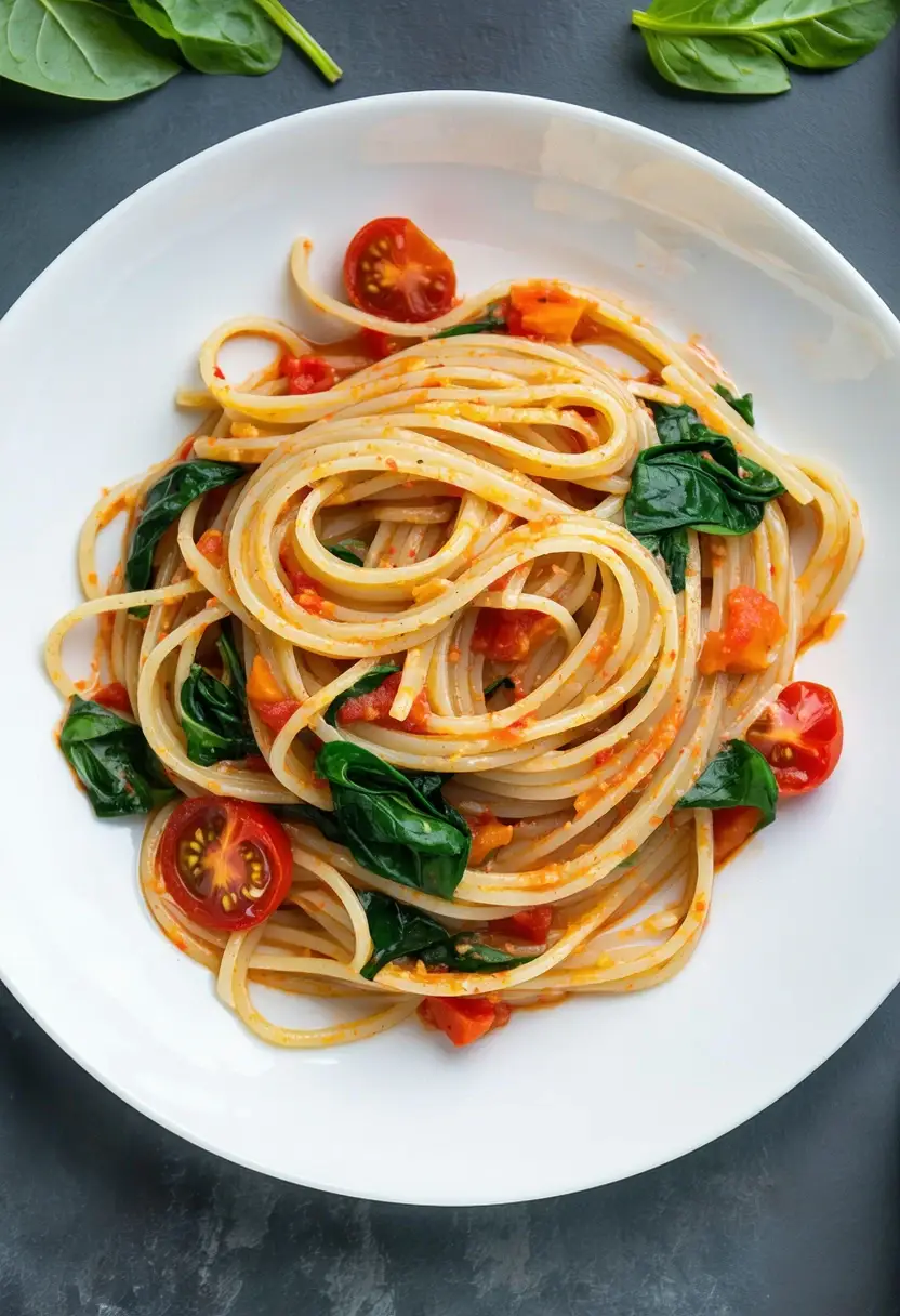 Recipe Image Quick Spinach and Tomato Vegan Pasta